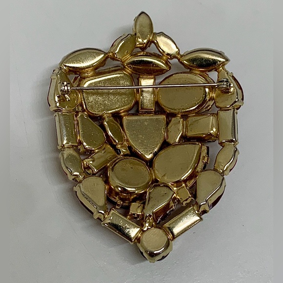 Mid Century Vintage Gold Tone Ruby Red Rhinestone Art Deco Pinback Brooch - Picture 6 of 16